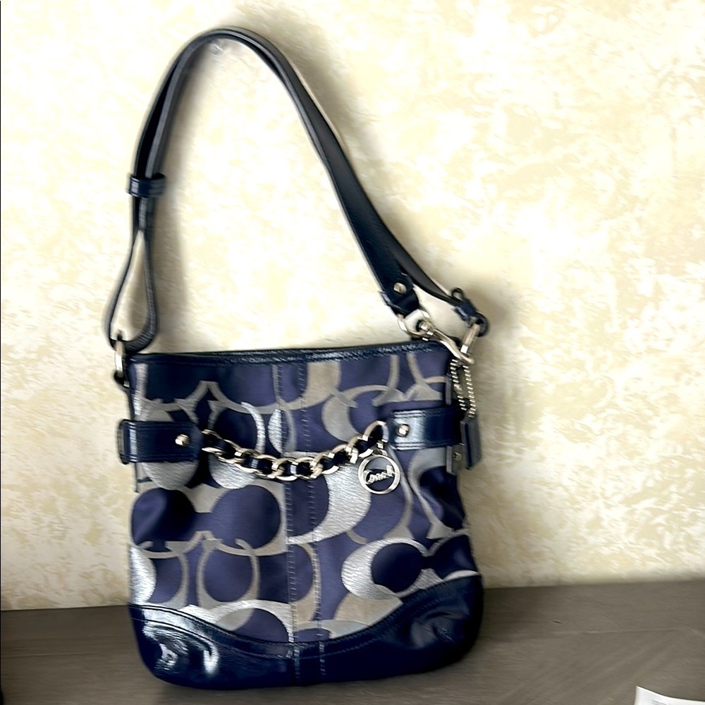 Coach F19820 Moto Op Art Navy Metallic Duffle Crossbody with Chain & Coach charm
